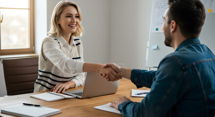 Obraz premium Two Happy People Shaking Hands at a Wooden Table with Laptop in Bright Office for Business Deal