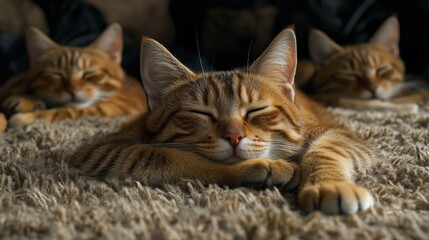 Cozy naptime with ginger cats slumbering peacefully on a fluffy rug demonstrating animal companionship and feline tranquility in a home environment