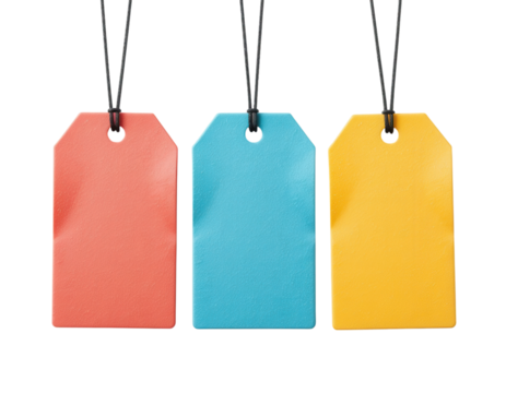 Colorful Blank Price Tags Hanging on Black Strings Isolated on White Background for Retail and Marketing Concepts