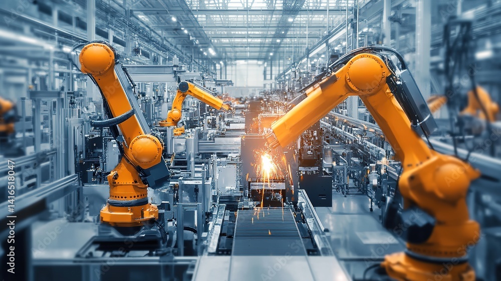 Poster a smart factory utilizing automation for cost-effective manufacturing.