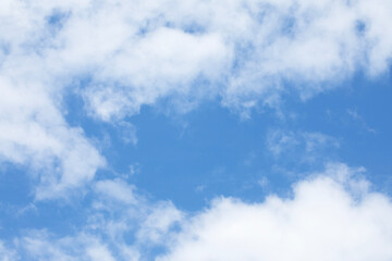 Fototapeta premium Blue sky background and white clouds soft focus, and empty space in middle, horizontal shape.