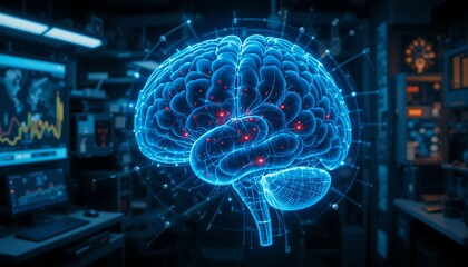 A detailed brain scan being examined by a holographic AI system in a cutting-edge neuroscience research facility.
