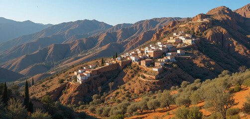 High Atlas Foothills &ndash; Terraced villages cling to sunlit slopes, the stone glowing warm above olive groves and red-earth valleys below.