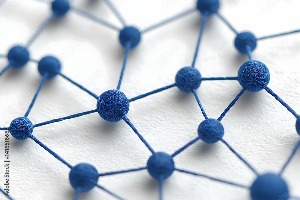 Poster a close-up view of a blue network structure, featuring interconnected nodes, representing concepts o