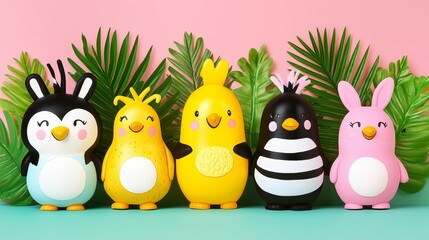 Obraz premium A charming assemblage of pixelated cartoon characters penguins chicks and a bunny evokes a playful and whimsical aesthetic for children's themes