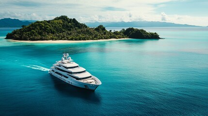 A luxury yacht anchored in turquoise waters near a secluded tropical island digital