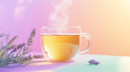 A fresh cup of herbal tea in a clear glass mug with steam rising, set on a pastel surface digital