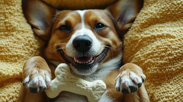 Happy corgi relaxing with toy bone on yellow blanket