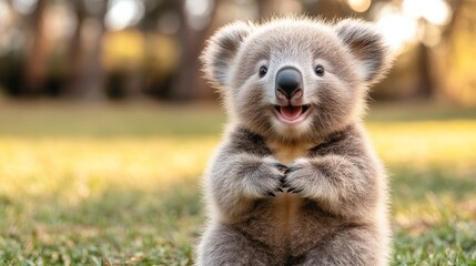 Obraz premium Adorable Australian Koala Bear Cub Stands on Green Grass with Fluffy Fur and Expressive Eyes Symbolizing Wildlife Conservation and Natural Beauty for Children