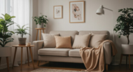 Fototapeta premium A softly lit living room with a neutral sofa and decorative pillows surrounded by plants.