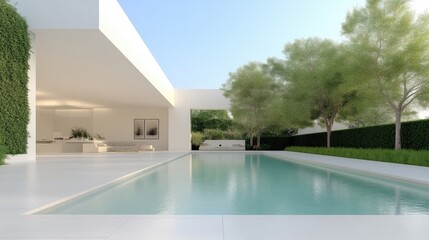 Fototapeta premium Modern minimalist home exterior with pool and lush landscaping. Spacious open-plan living area seamlessly connects with outdoor patio