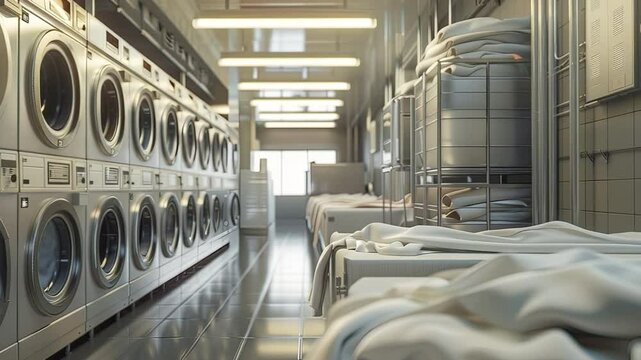 Laundromat Perspective: The interior shot is of a laundromat, with rows of washing machines. The shot is taken during the day, capturing the modern machines and clean appearance.