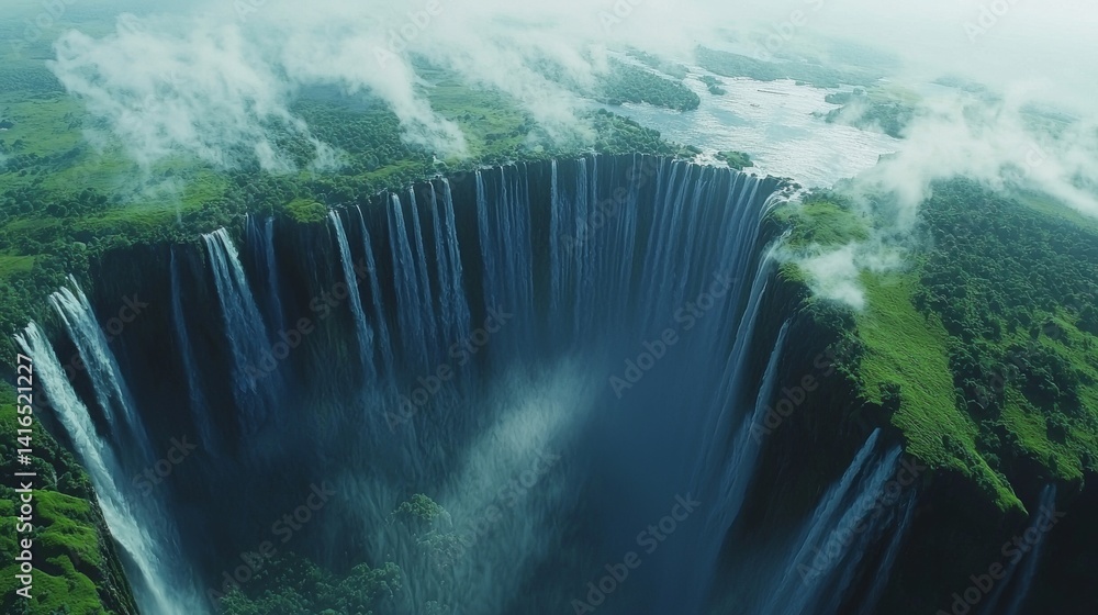 Poster cascading waterfall surrounded by dense forest creating a breathtaking natural scene filled with vib