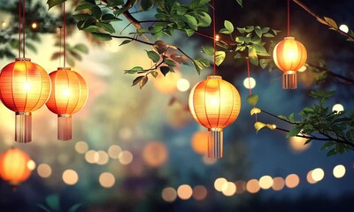 Chinese lanterns hanging against with blurred lighting background. Religion and culture of Chinese festival celebration traditional - Powered by Adobe