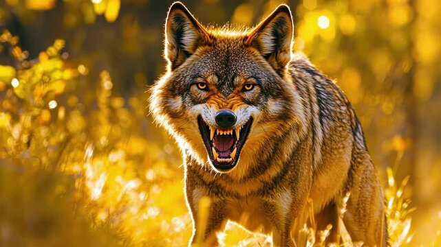 Fierce wolf in sunlit autumn forest showing sharp teeth
