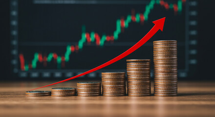 Coins stacked in ascending order with a red arrow, symbolizing financial progress and growth.