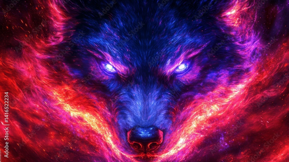 Poster Mystical wolf with cosmic energy emanates from its form blending digital art with animalistic ferocity in a nebula abstract background design