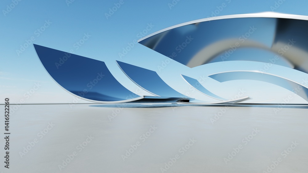 Poster 3d illustration of abstract minimal architecture background, geometric architectural with chrome or 