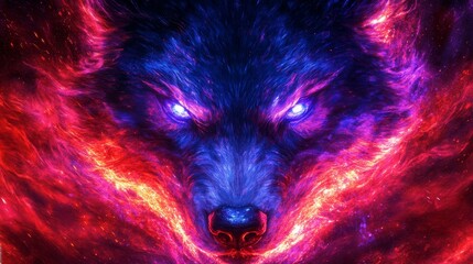 Naklejka premium Mystical wolf with cosmic energy emanates from its form blending digital art with animalistic ferocity in a nebula abstract background design