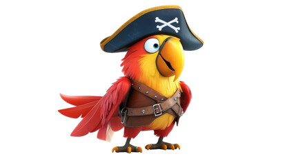 Fototapeta premium cheerful cartoon pirate parrot wearing a cock hat on white background