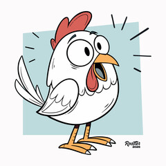 Funny Cartoon Chicken Screaming – Surprised White Hen Vector Illustration	
