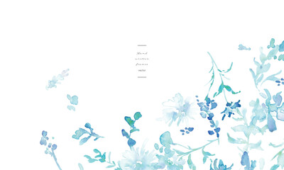  水彩画。水彩タッチのベクターイラスト。青い花のガーベライラスト。植物と花のベクターフレーム。Watercolor painting. Vector illustration with watercolor touch. Blue flowers gerbera illustration. Vector frame of plants and flowers.
