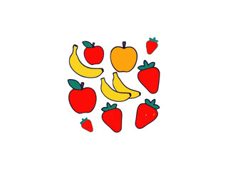 Colorful vector illustration of various fruits arranged playful pattern, featuring vibrant shades and modern design. composition includes apples, bananas, and grapes, creating lively and fresh