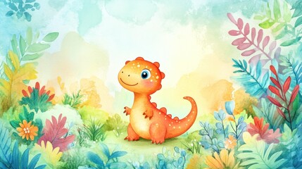 Obraz premium Cute dinosaur in a vibrant floral garden (3)