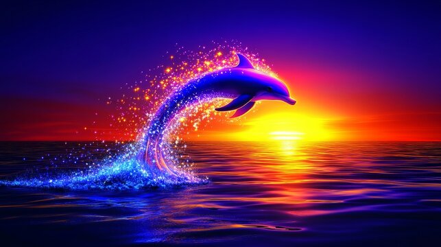 Majestic dolphin leaping against a vibrant sunset ocean scene captivating water mammal acrobatics illuminated by brilliant sun rays marine elegance and freedom
