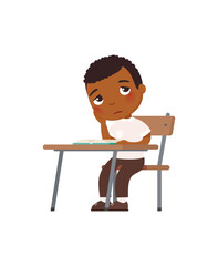 Little boy with dark skin and thoughtful, tired expression sitting at school desk. Concept of emotions boredom, thoughtfulness, absent-mindedness or tiredness.
Cartoon character illustration