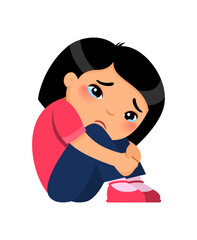 Little Asian girl sits, hugging her knees tightly and crying.
Concept of emotions depression, sadness and anxiety.
Cartoon character illustration