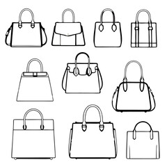 Two elegant handbag illustrations, one with flap closure and other with classic open top, showcasing minimalist design and sleek lines