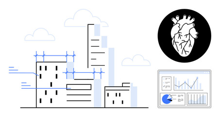 Cityscape under construction, human heart anatomy inside circle, and data analytics dashboard. Ideal for science, research, medicine, technology, architecture, innovation and a simple landing page