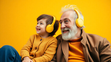 Grandfather and grandson listening to music with headphones on yellow background.