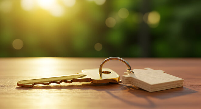 Golden Keys and House Shaped Keychain on Wooden Surface with Blurred Green Background