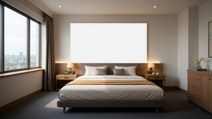 Modern minimalist bedroom with large bed, city view window and warm ambient lighting – contemporary interior design