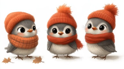 Fototapeta premium Charming winter trio adorable feathered friends knitted hats warm scarves delightful autumn leaves whimsical seasonal illustration inviting holiday spirit