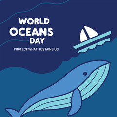 World Oceans Day: A captivating graphic illustration for World Oceans Day, featuring a stylized whale swimming beneath a sailboat.