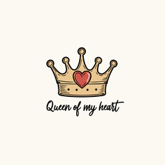 Queen of My Heart: Vector Crown and Heart Graphic for Mother's Day. Simple Line Art Illustration. Metallic Crown, Love Symbol. Royalty and Affection. May Celebration. Gift Idea. Heartfelt Present.