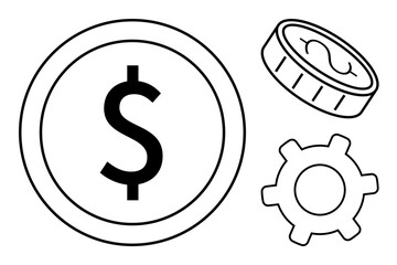 Dollar coin, smaller coin, and gear outline indicating monetary value, transactions, and efficiency concepts. Ideal for finance, economy, business strategy, operations banking investments flat