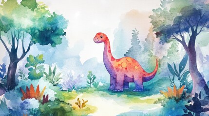 Naklejka premium Cute dinosaur in a vibrant forest (5)