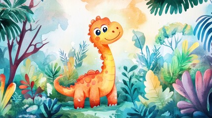 Obraz premium Cute dinosaur in a vibrant jungle (1)