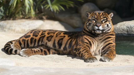 Fototapeta premium Majestic Bengal Tiger Lounging Gracefully on Soft Sand with Lush Greenery Offering a Moment of Tranquility Captivating and Calm Portrait