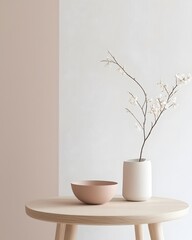 Minimalist Still Life Composition Featu a Tall White Vase with Delicate Branches and Small White Flowers and a Plain Brown Bowl on a Light Wooden Table Set Against a Soft Neutral Background