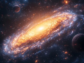 Obraz premium Majestic galaxy filled with swirling stars and orbiting celestial bodies