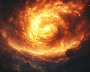 Obraz premium Swirling galactic nebula with a shadowy planet in the distance