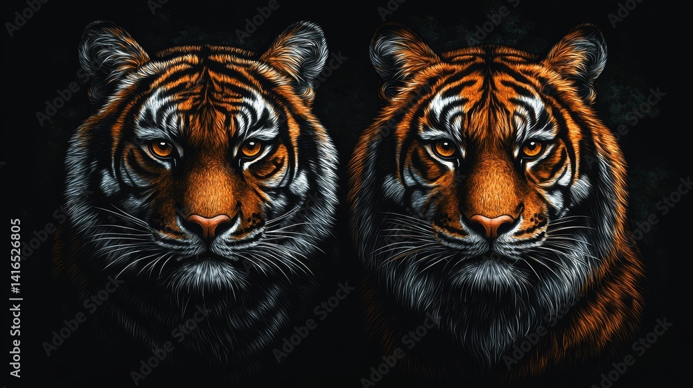 Poster strikingly detailed image of two tiger faces side by side showcasing their intense gaze with contras