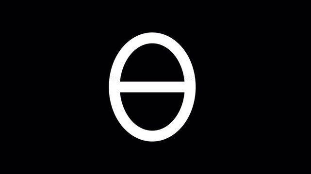 Icon theta is distorted. Glitch. Noise, chromatic aberration, geometric distortion. Transparent background, looped. In-Out looped. Alpha BW at the end