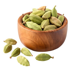 Fresh Green Cardamom Pods in Wooden Bowl: Aromatic Spice Image on transparent background