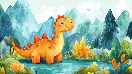 Obraz premium Cute dinosaur in a vibrant landscape (4)